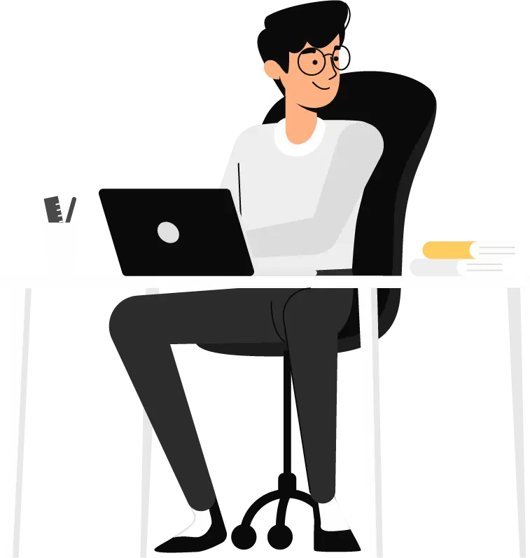 L'illustration d'un apprenant qui suit la formation en motion design à distance sur son ordinateur et qui regarde vers le bouton de candidature pour candidater.