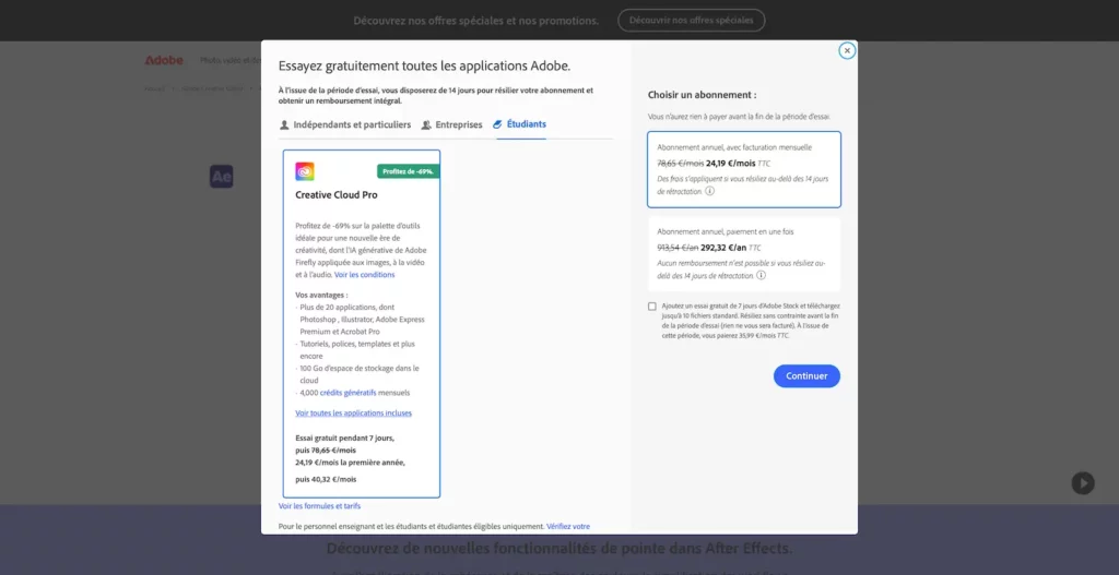 L'offre étudiante d'Adobe pour avoir After Effects moins cher.