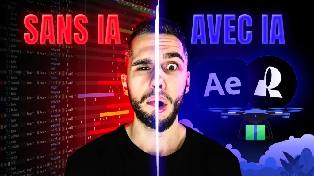 Miniature de l'article illustrant le contraste entre un workflow de motion design avec et sans intelligence artificielle. Le visuel est scindé en deux. À gauche, dans une ambiance rouge vif sous le texte "SANS IA", le créateur affiche une expression d'épuisement devant une timeline After Effects extrêmement complexe et surchargée de points clés. À droite, dans une ambiance bleue sous le texte "AVEC IA", il affiche une expression de surprise positive à côté des logos d'After Effects et de l'IA Recraft, illustrant un processus de création simplifié et rapide.